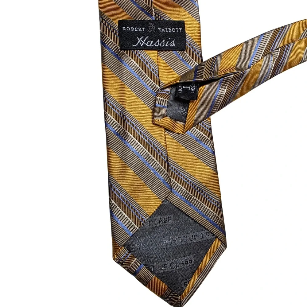 Robert‎ Talbott Hassis Mens Silk Necktie Gold Blue Stripe Luxury Designer Tie